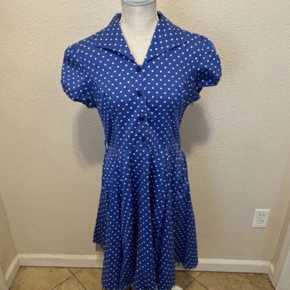 HEARTS & ROSES SIZE L Blue & WHITE POLKA DOT DRESS TULLE VTG PINUP ROCKABILLY